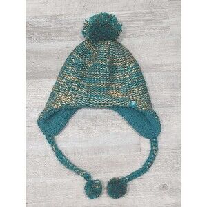 The North Face One Size Fleece Lined Knit Winter Hat Green & Gold With Pom Pom